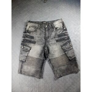 Access Mens Grey Acid Wash Moto Biker Cargo Denim Shorts Size 36 Streetwear